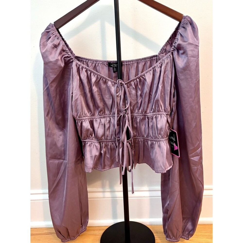 Mixed Threads Satin Tie Front Corset Top Mauve Peplum Long Sleeve L NWT